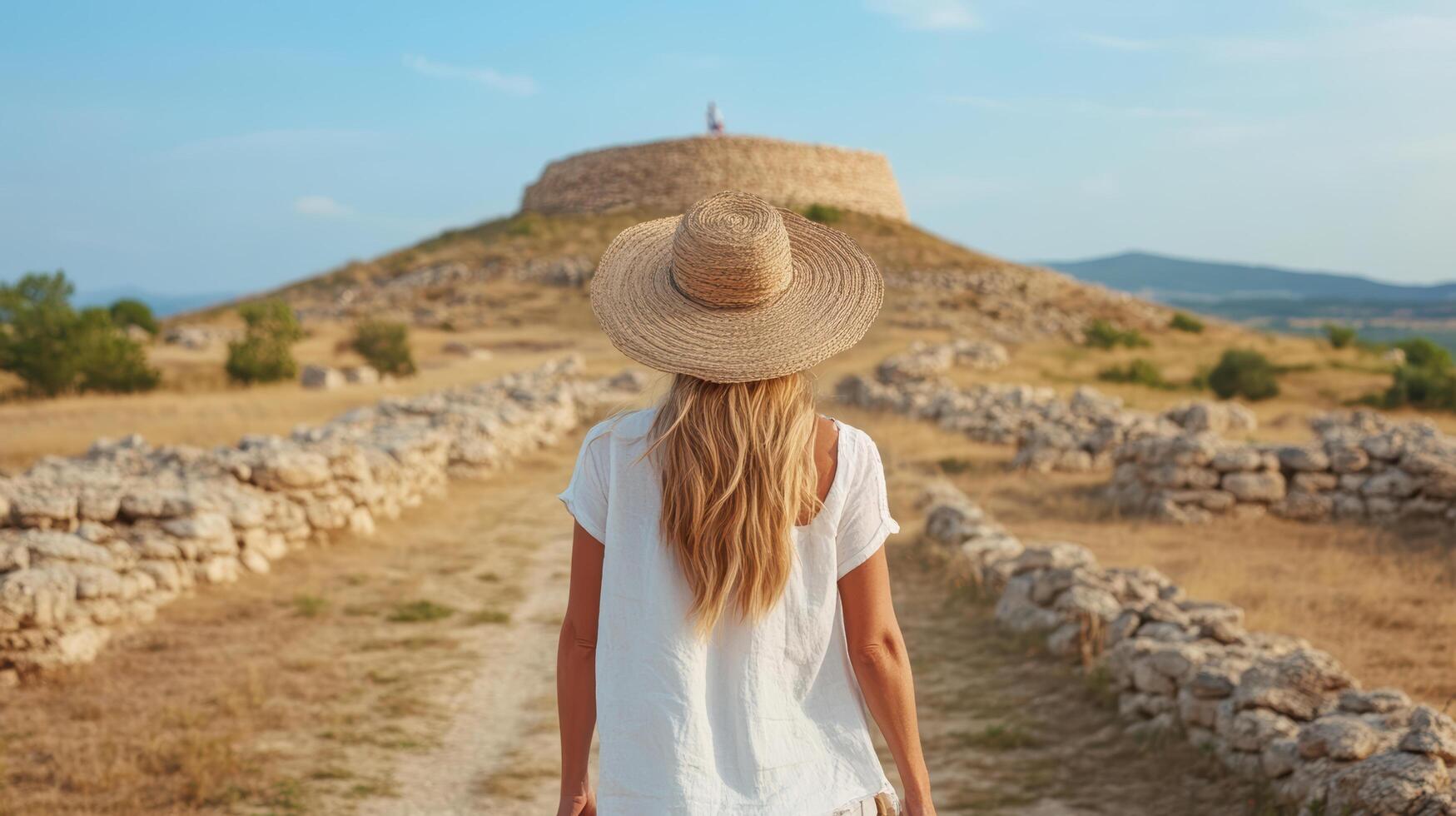Woman in white dress and hat walking on dirt road photo