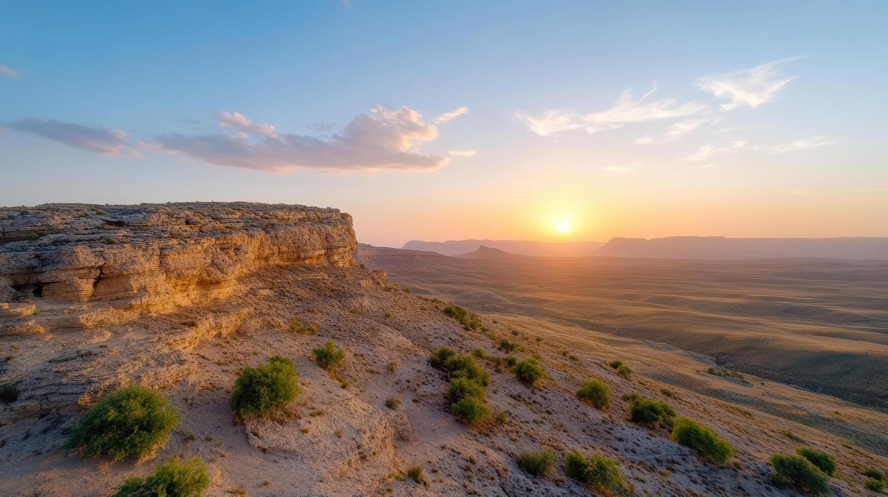 Sunset in the desert with mountains in the background photo