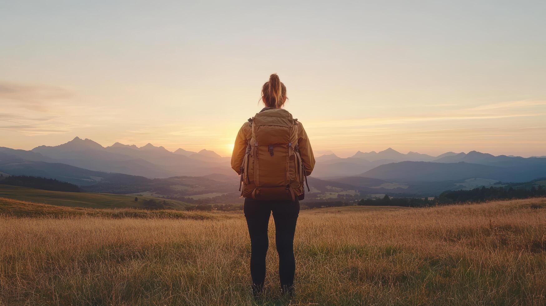 A person with a backpack standing in a field at sunset photo
