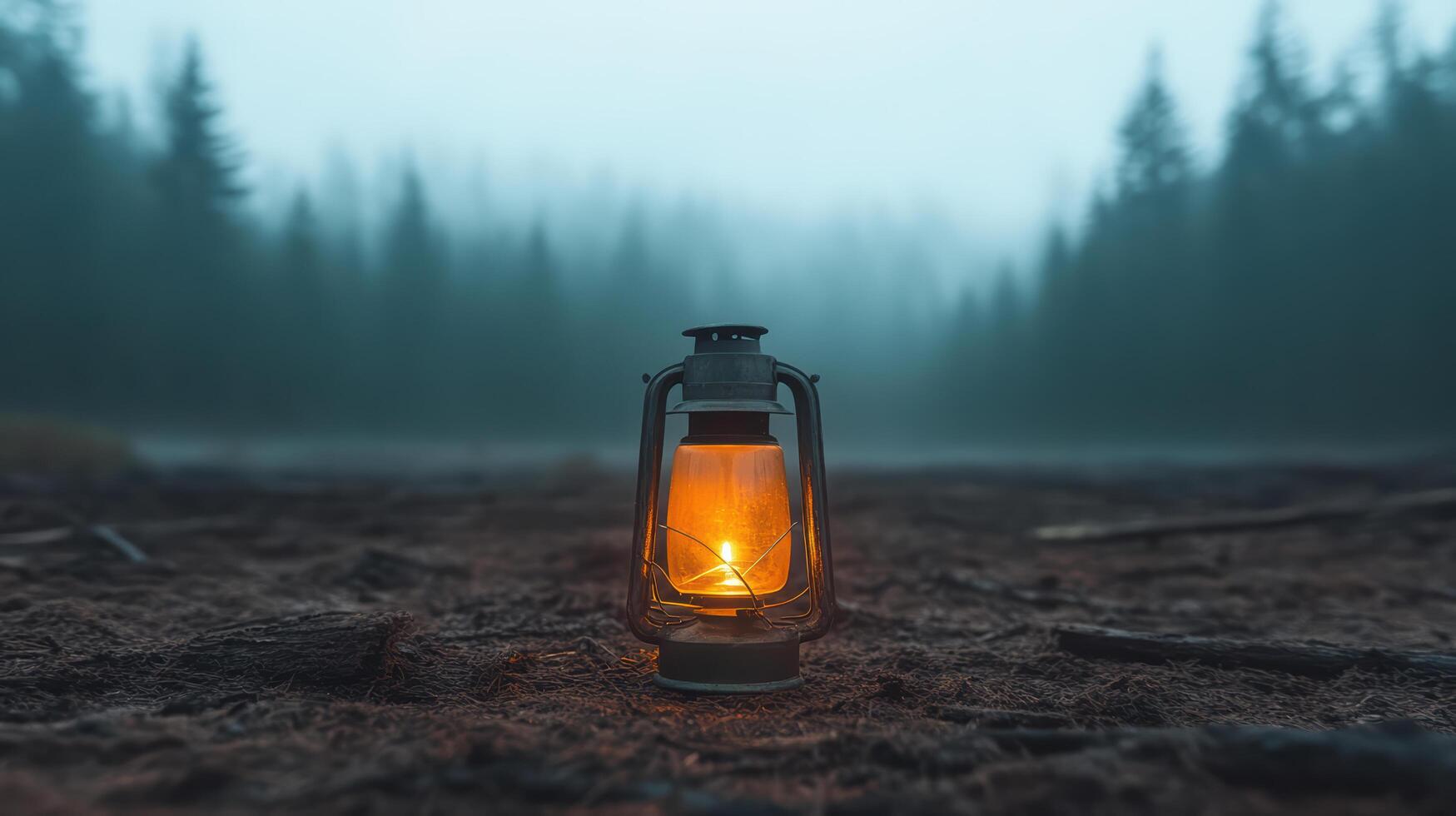 A lantern in the middle of a foggy forest photo