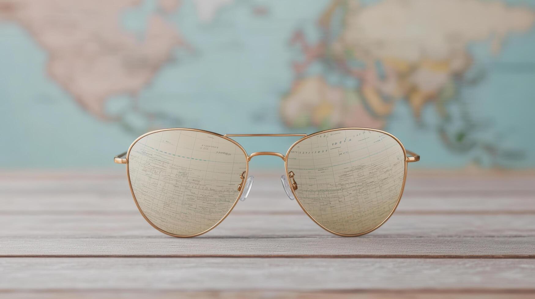 Gold aviator sunglasses on a wooden table with a map of the world photo