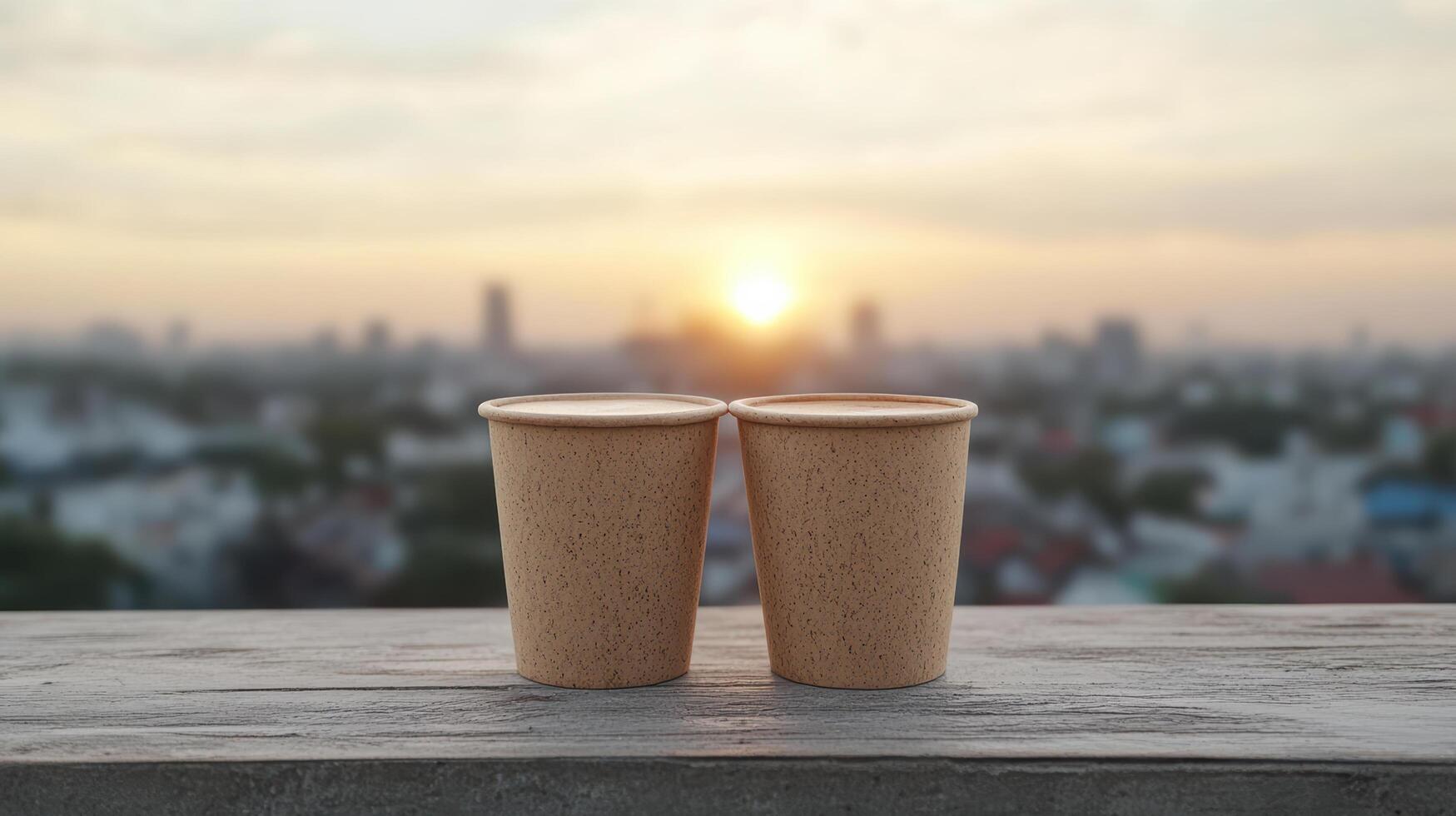 Two paper cups on a wooden table with a city in the background photo