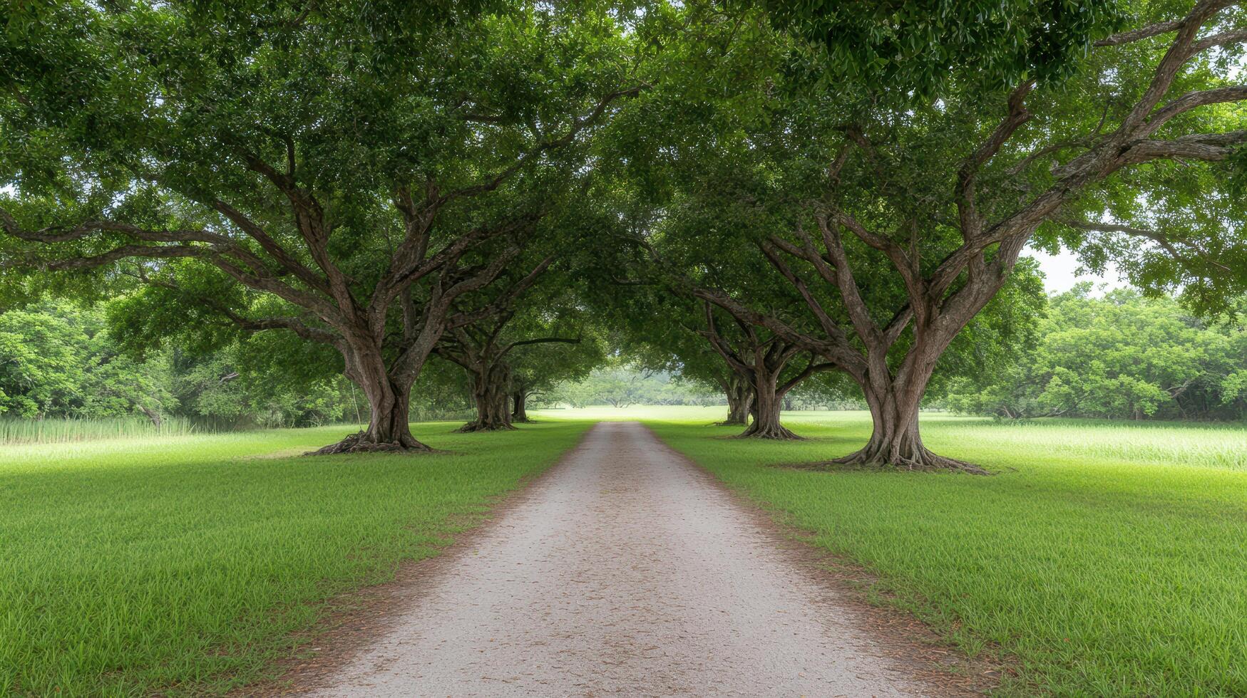 A dirt road leads to a green field with trees photo
