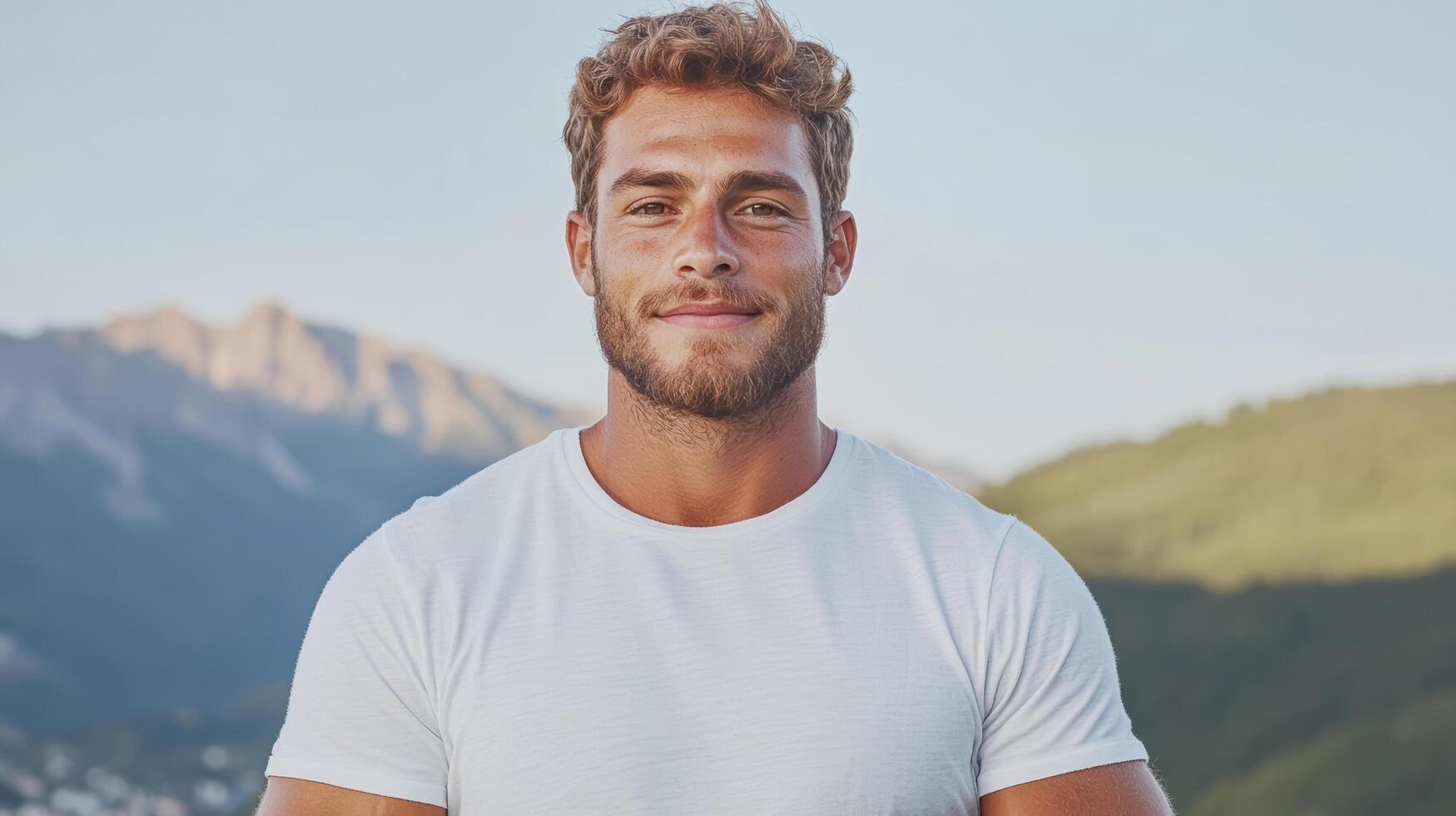 A man in a white t - shirt standing in front of a mountain photo