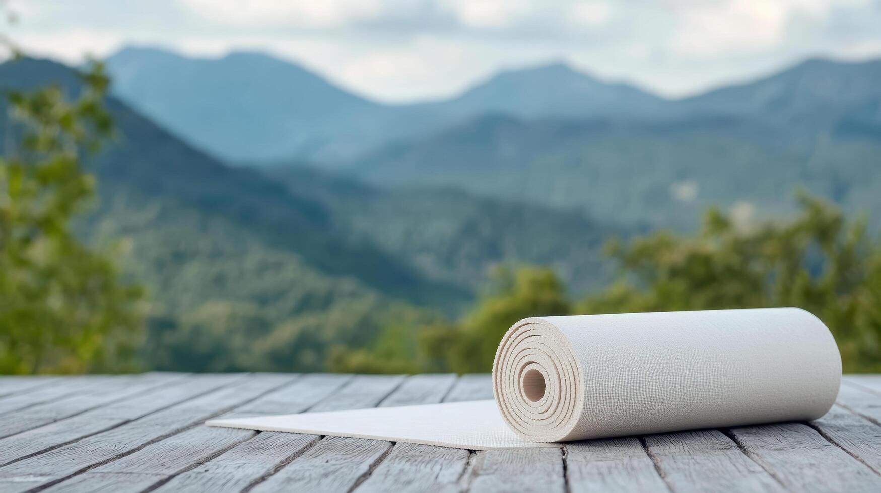 Roll of toilet paper on wooden table with mountains in background photo