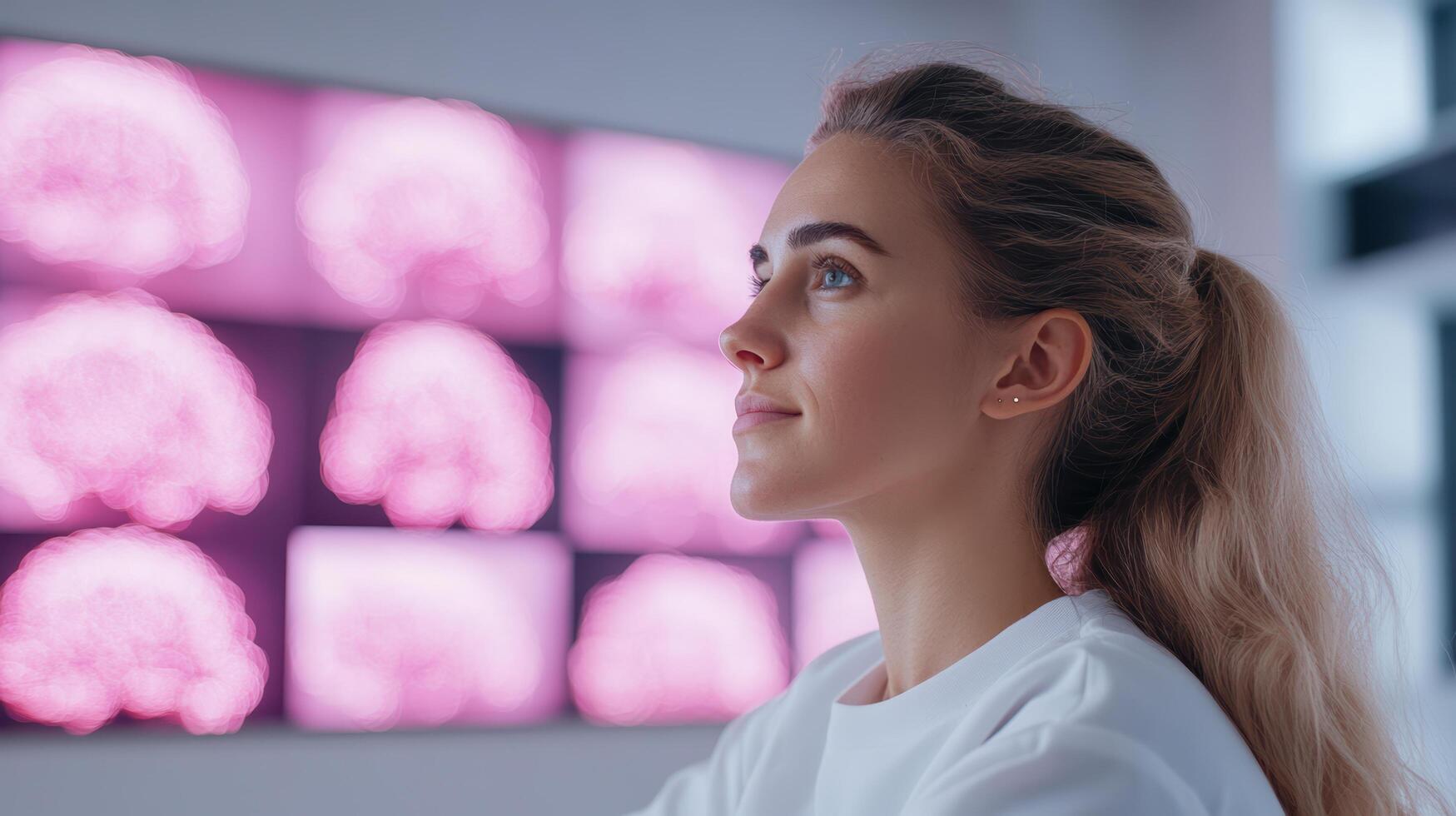 A woman looking at a screen with pink brain images photo