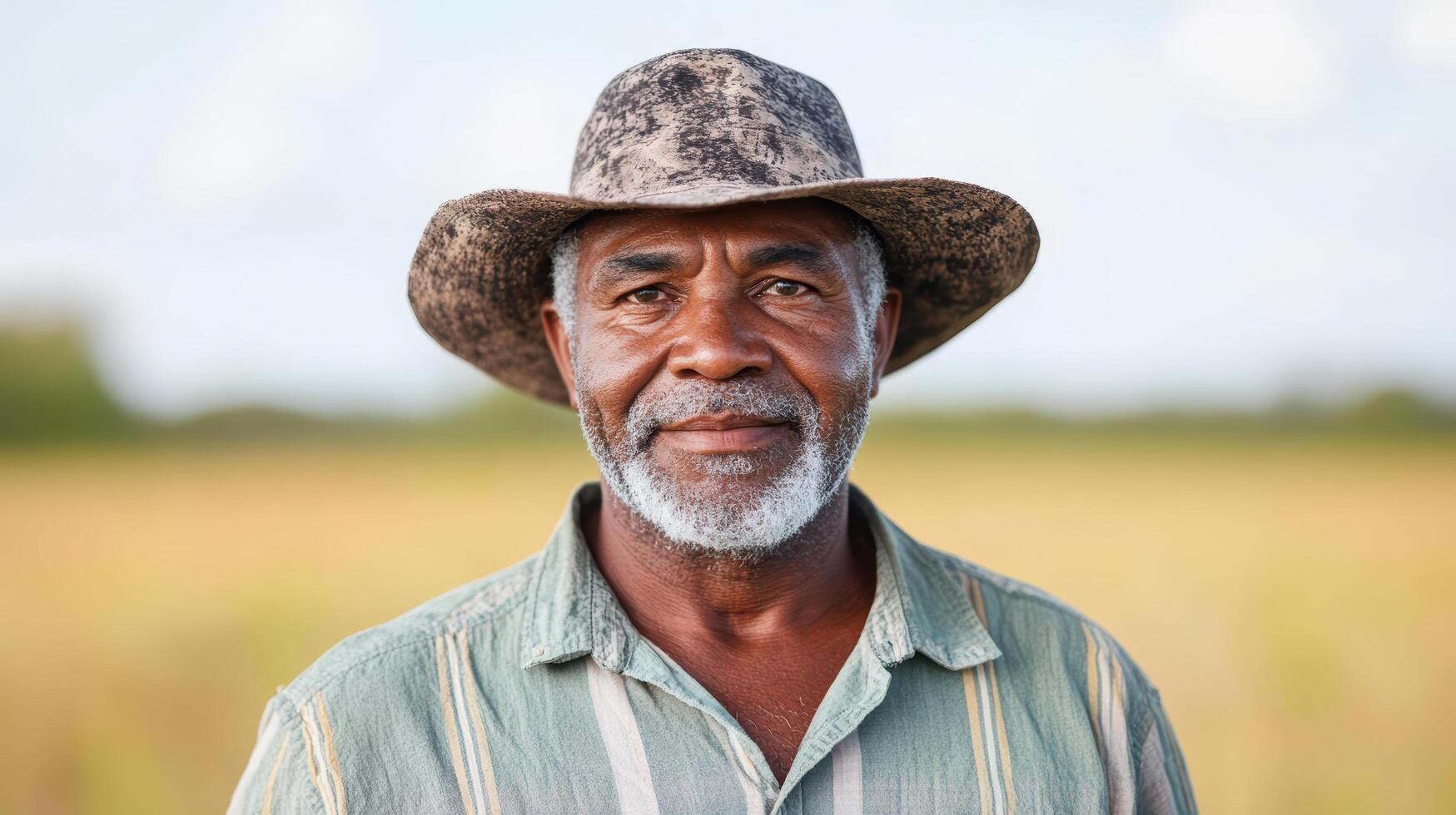 An older man in a hat standing in a field photo