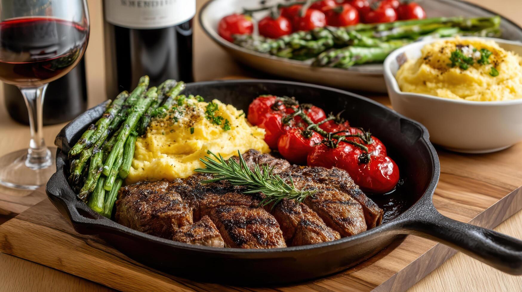A steak, asparagus and potatoes in a skillet photo