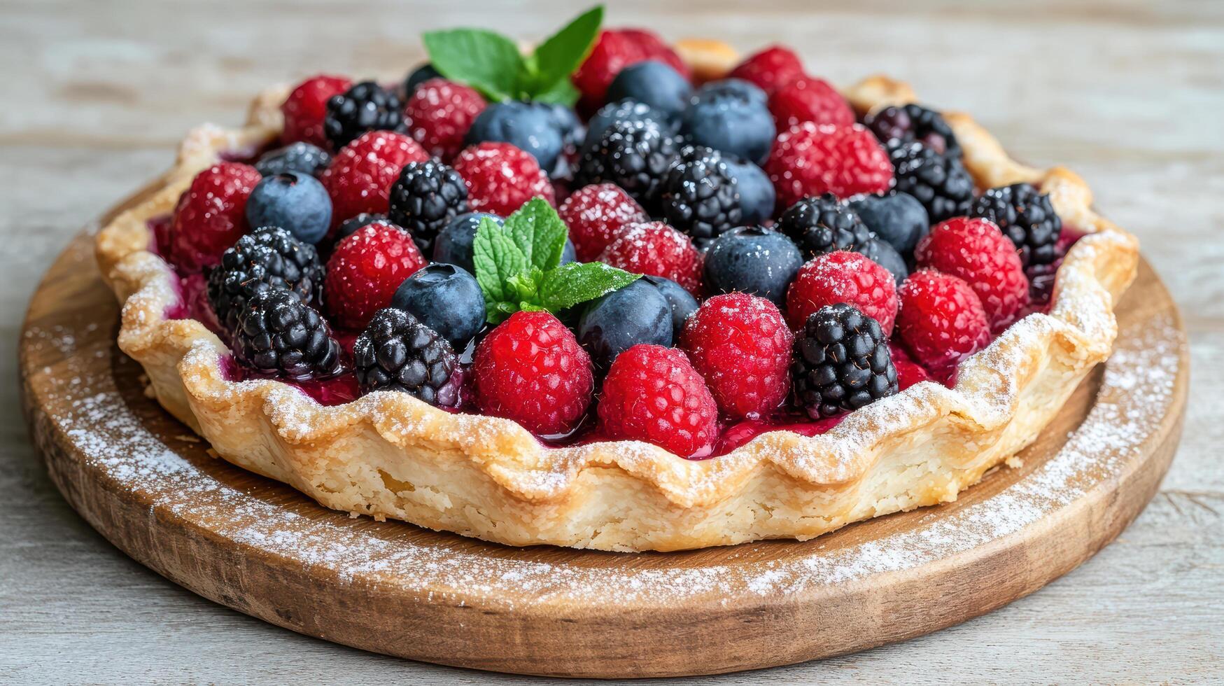 A pie with berries and mint on a wooden table photo