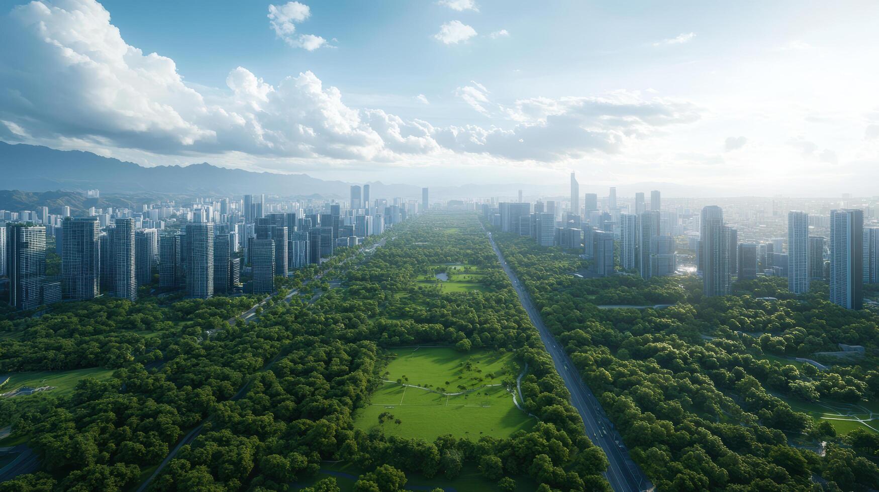 An aerial view of a city with green trees and buildings photo