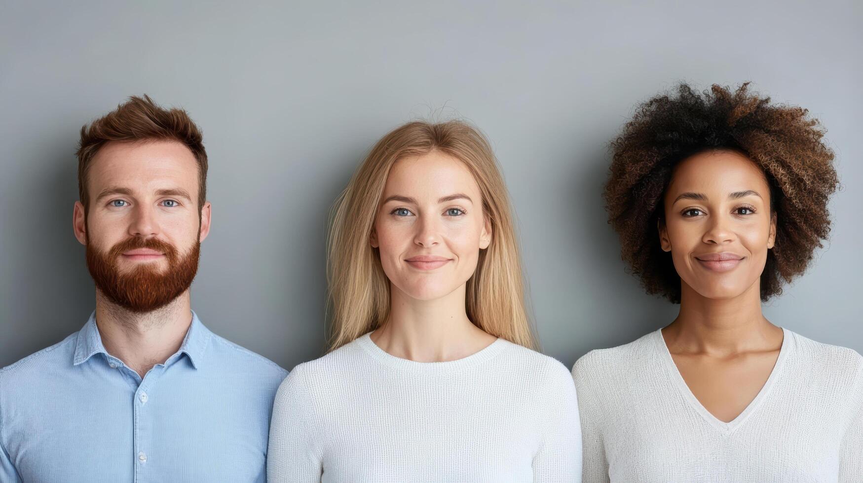 Three people standing in front of a gray wall photo