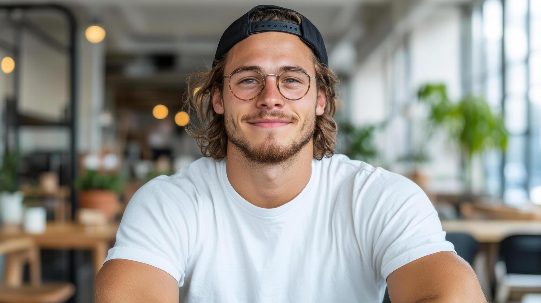 A man with glasses and a cap sitting at a table photo