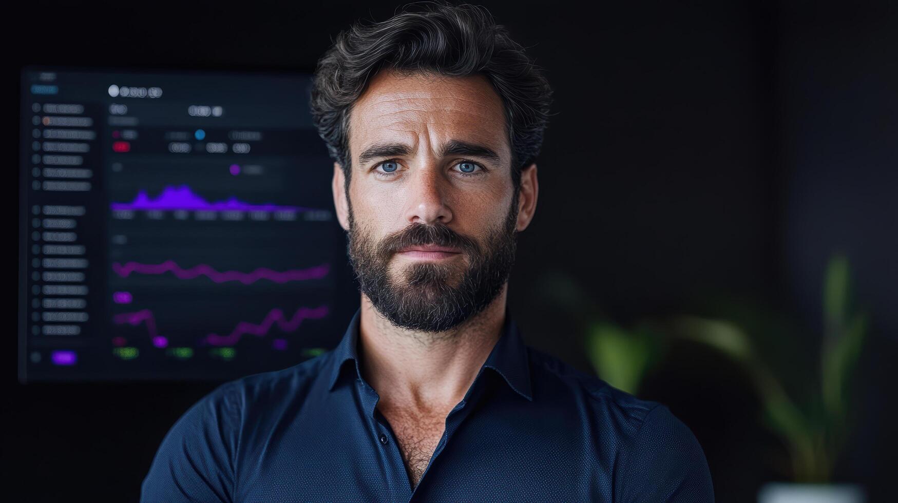 A man with a beard and a blue shirt is standing in front of a monitor photo