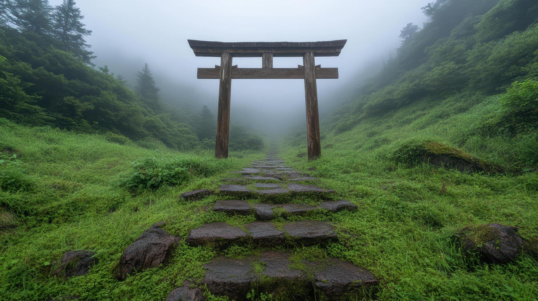 A tori gate in the middle of a foggy forest photo