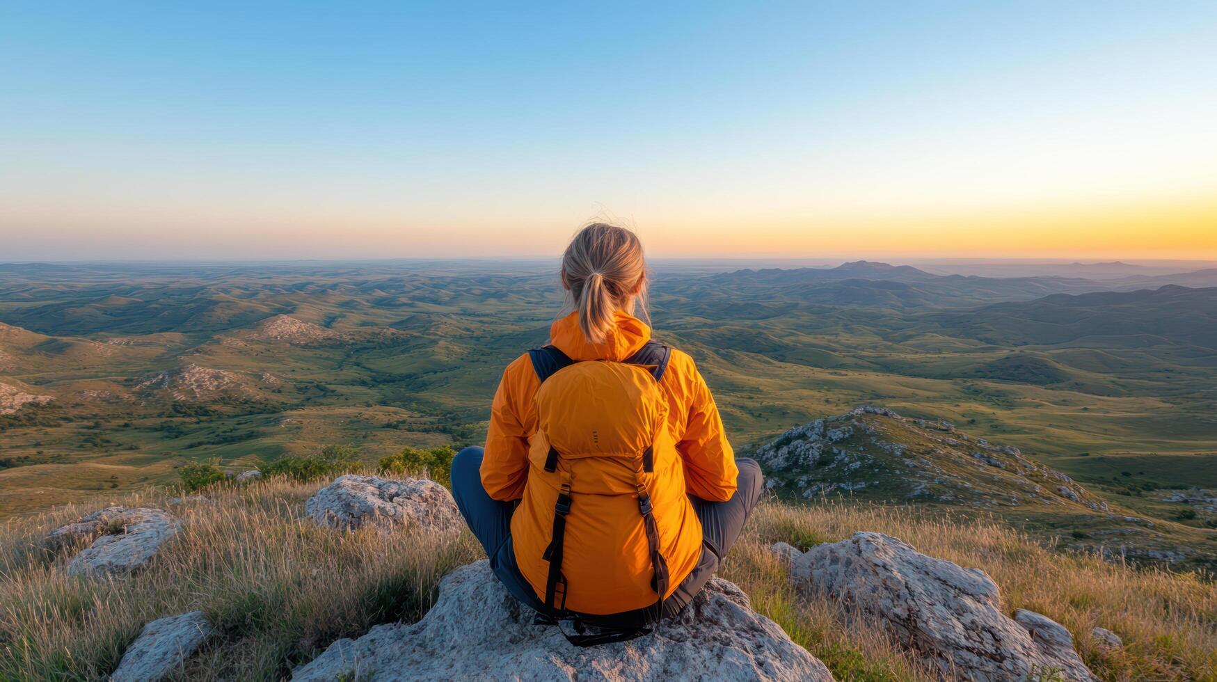 A woman with a backpack sitting on a rock overlooking the mountains photo
