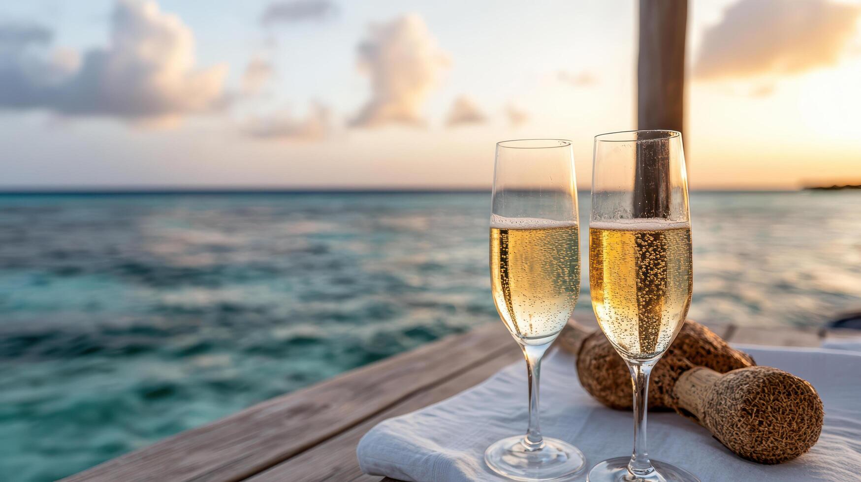 Two champagne flutes on a wooden table with a view of the ocean photo