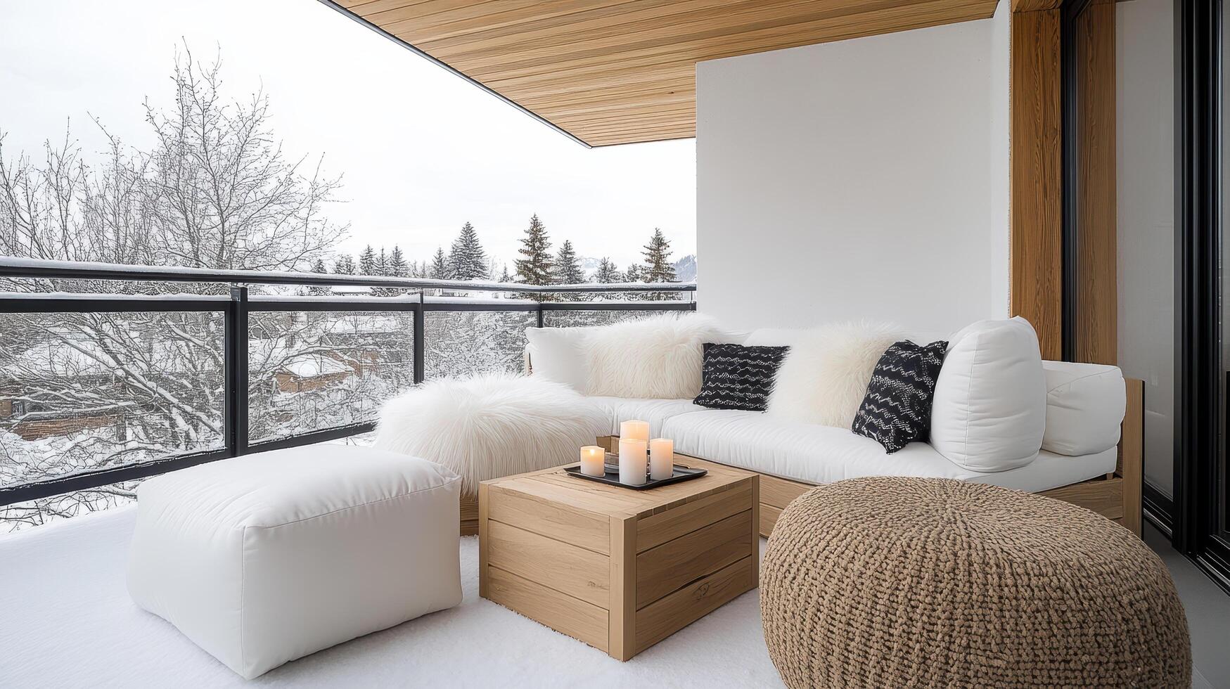 A balcony with white furniture and a view of the snow photo