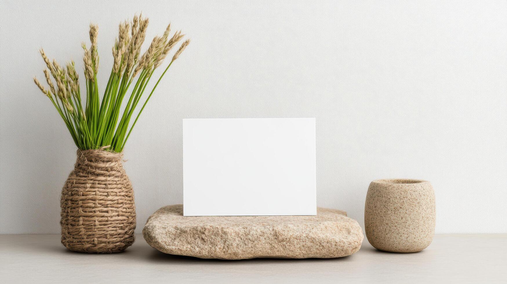 Blank card on stone with plant and vase photo