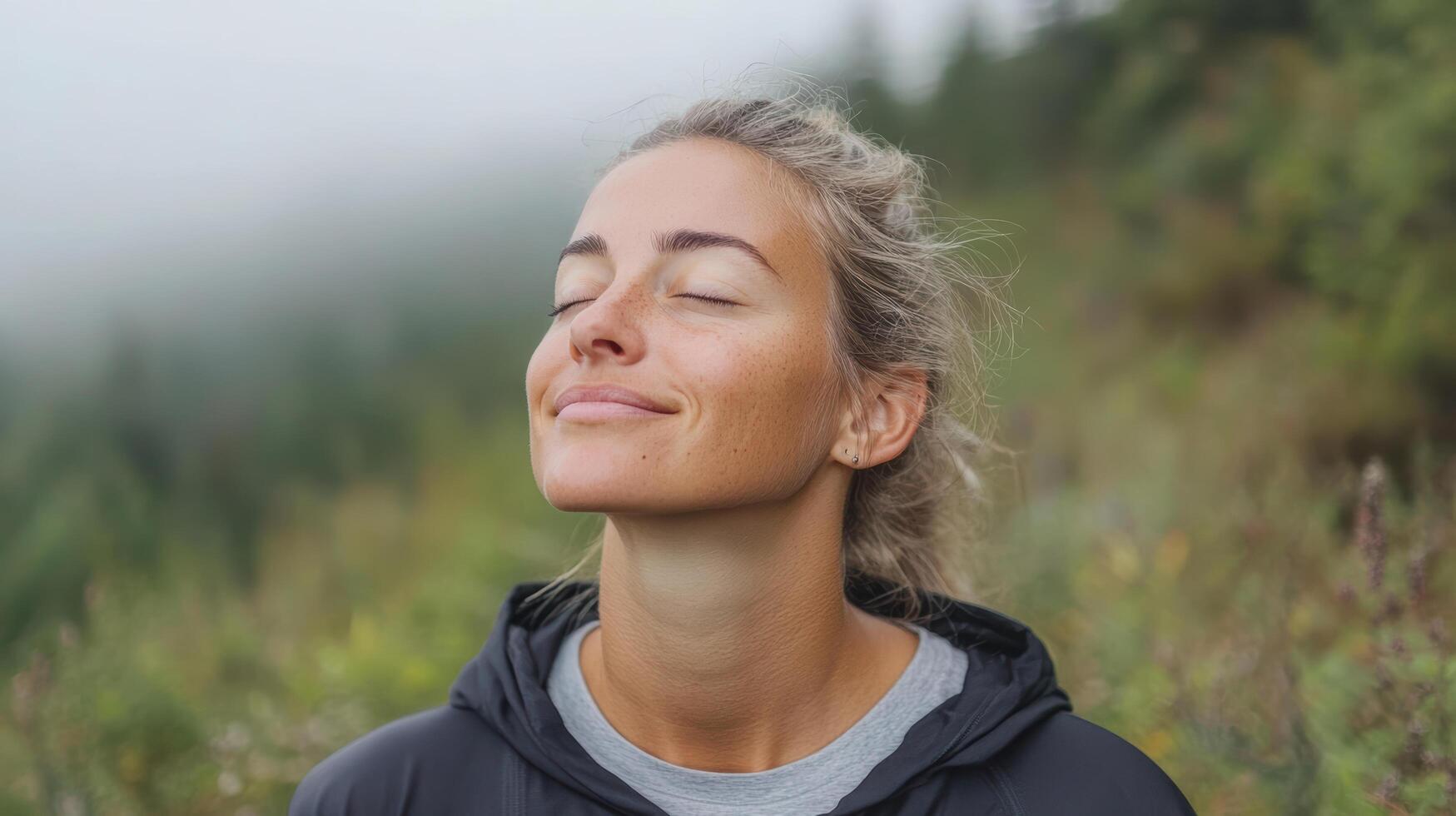 A woman is breathing deeply while looking up at the sky photo