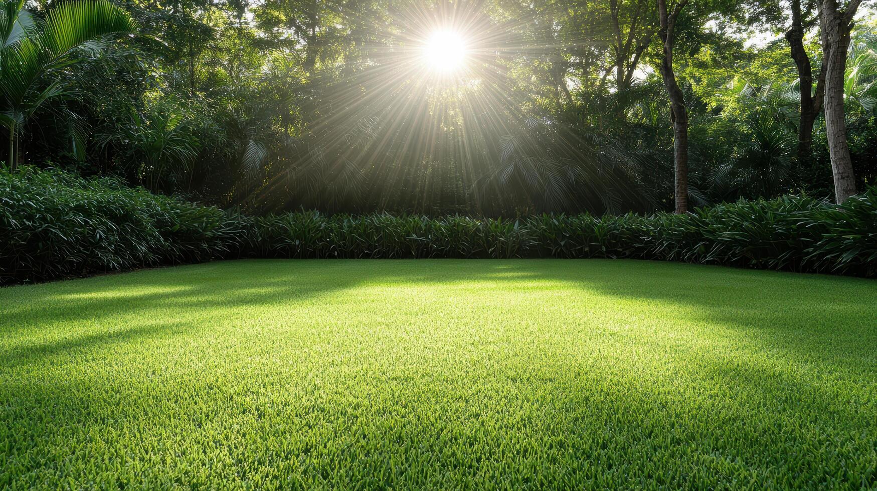 A green lawn with sunlight shining through it photo