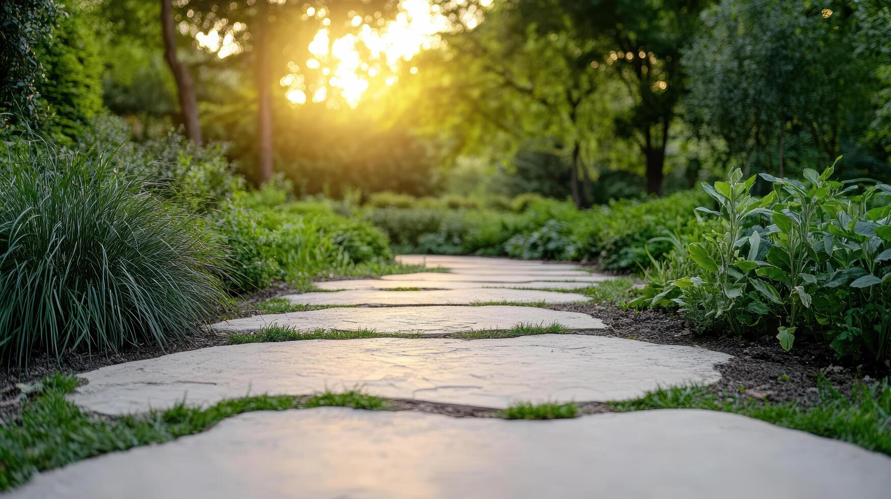 A stone path in a garden with trees and grass photo