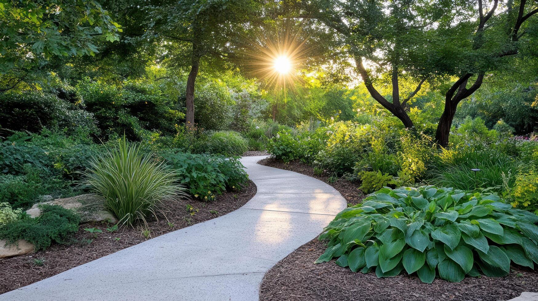 A pathway through a garden with trees and plants photo