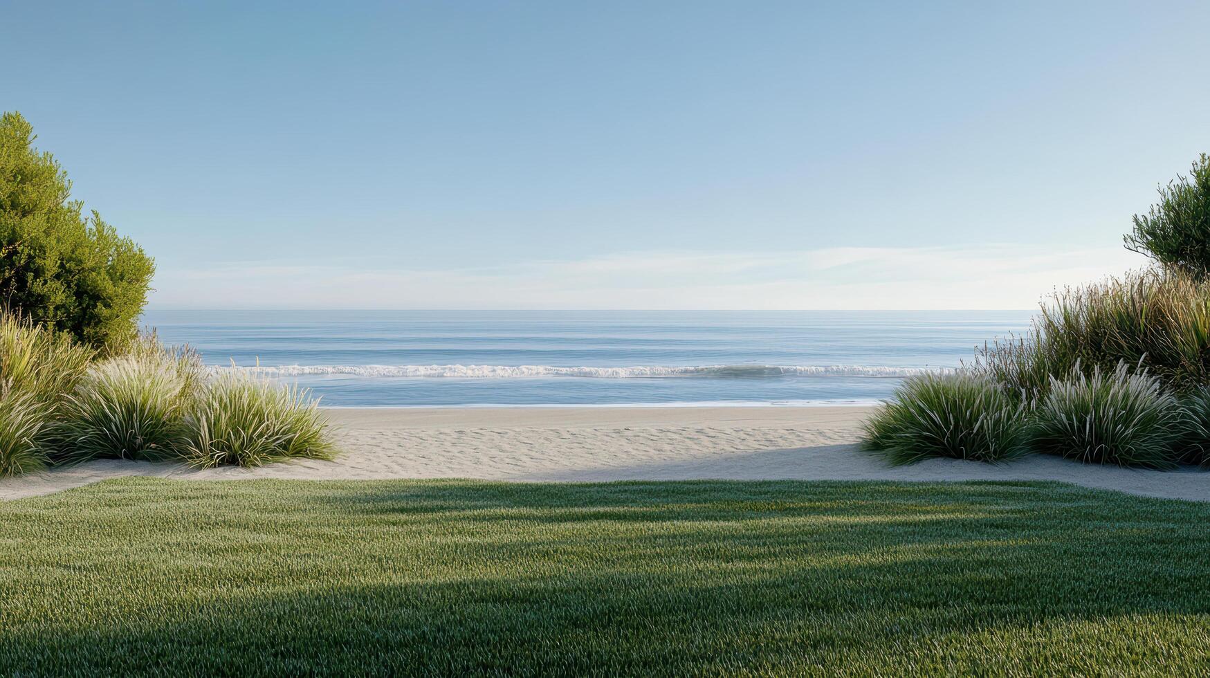 A grassy area with trees and bushes near the ocean photo