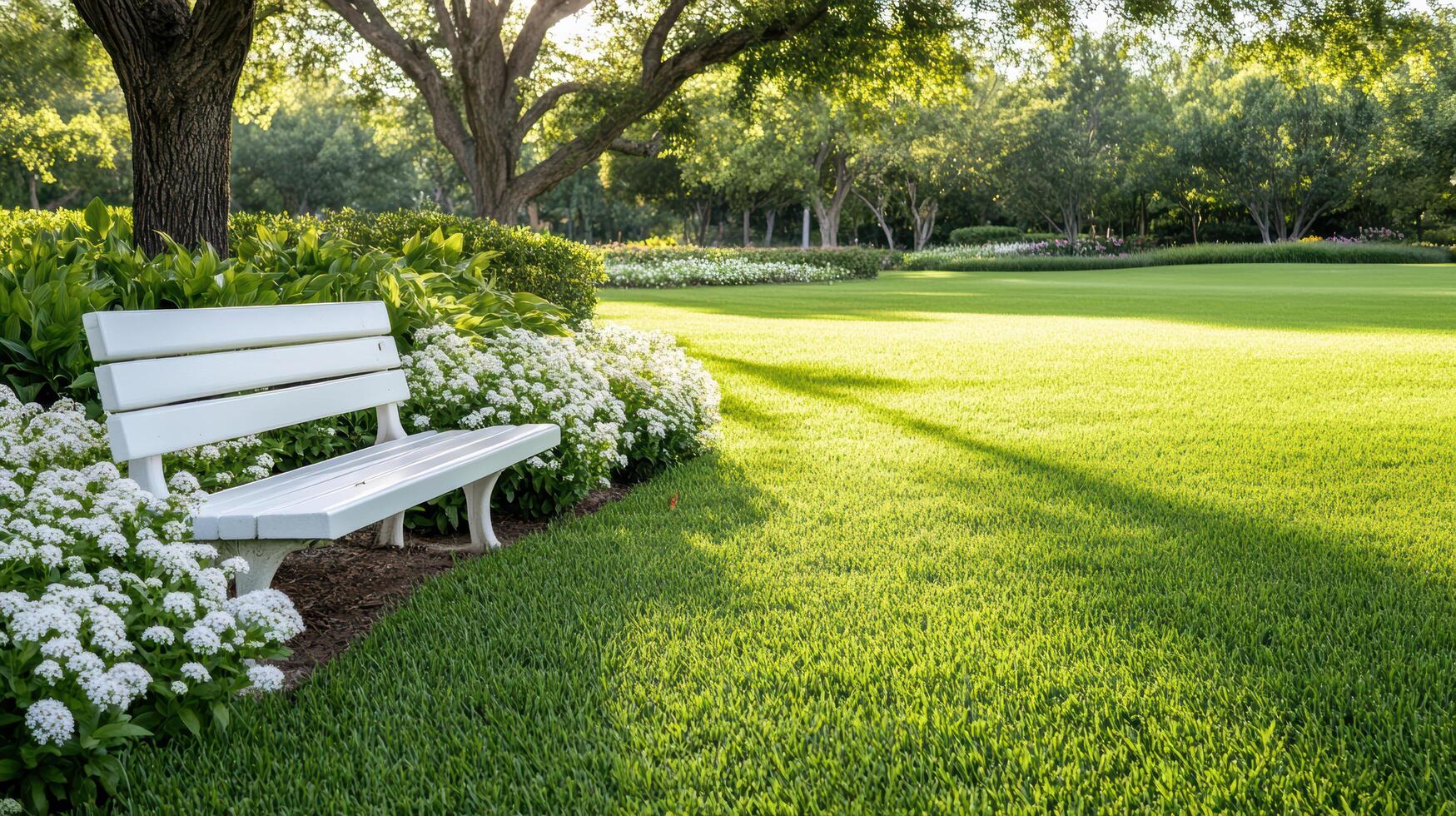 A white bench sitting in a grassy field photo