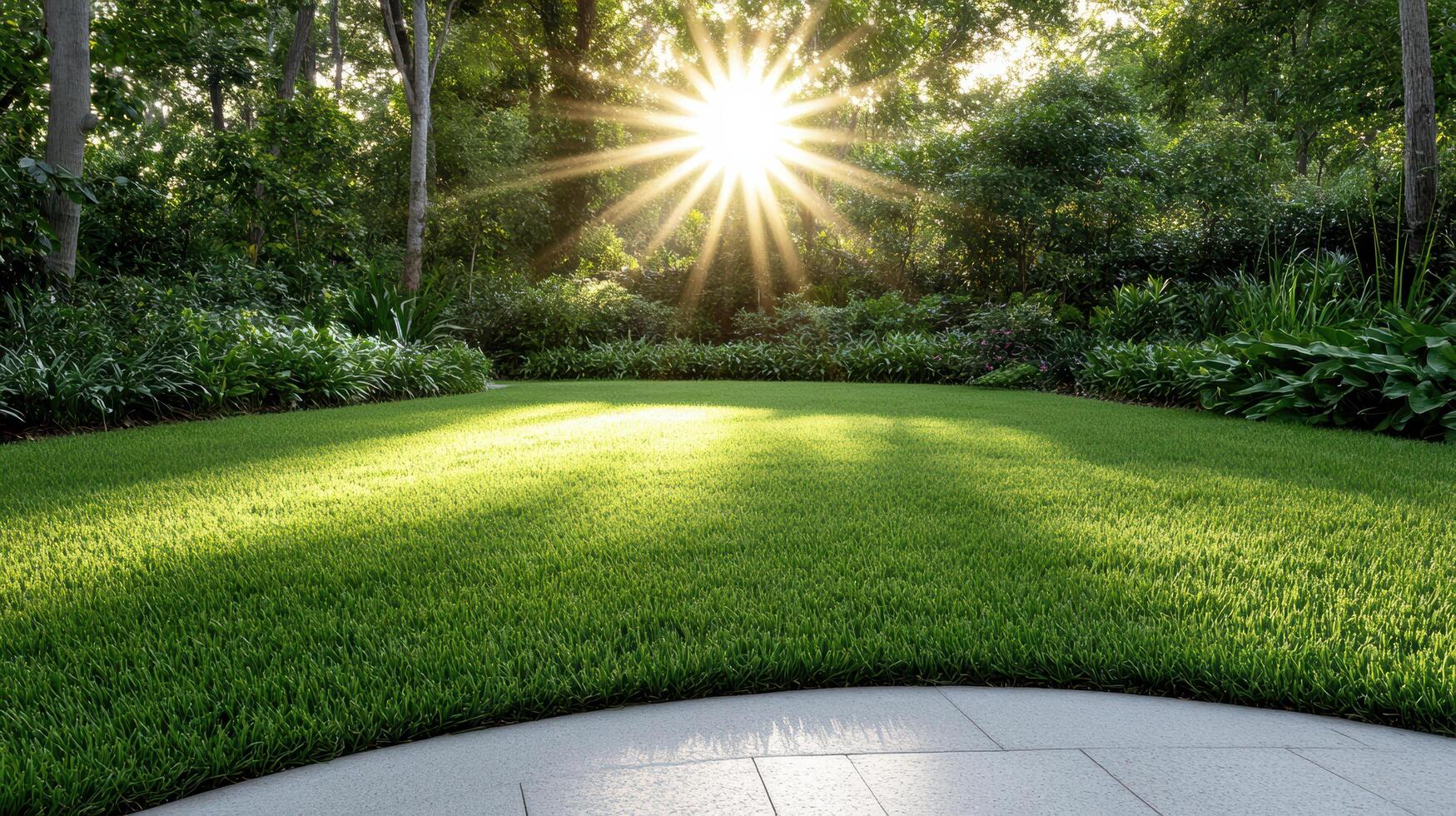 A grassy yard with a sun shining through the trees photo