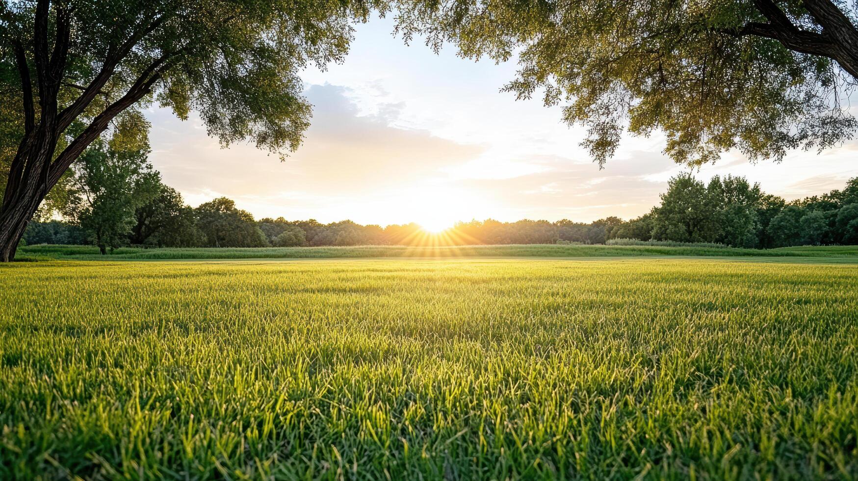 Green grass and trees in a field at sunset photo