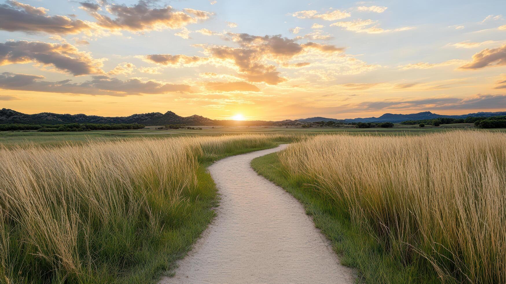 A path through a grassy field at sunset photo