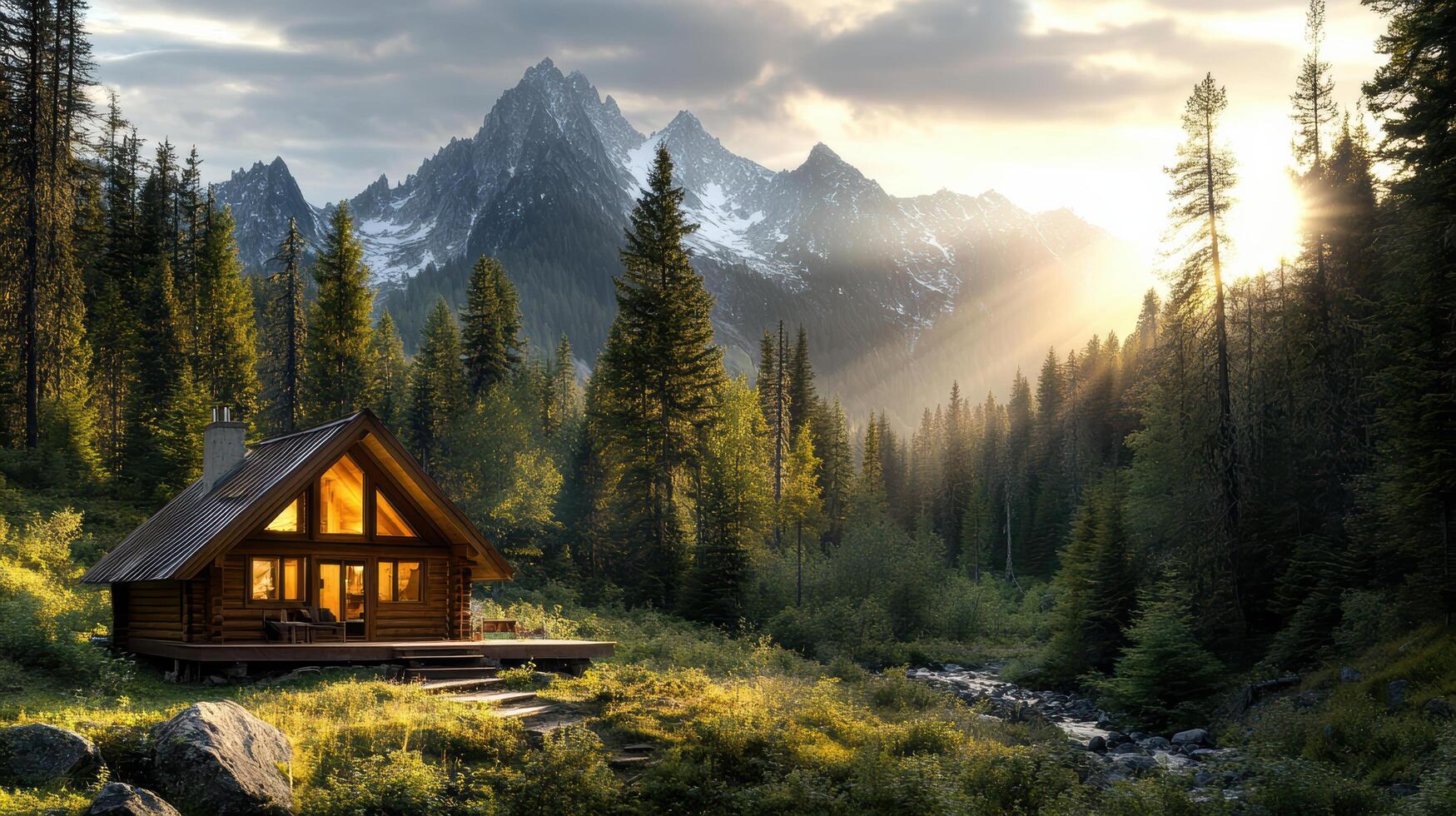 A cabin in the mountains with a stream and trees photo