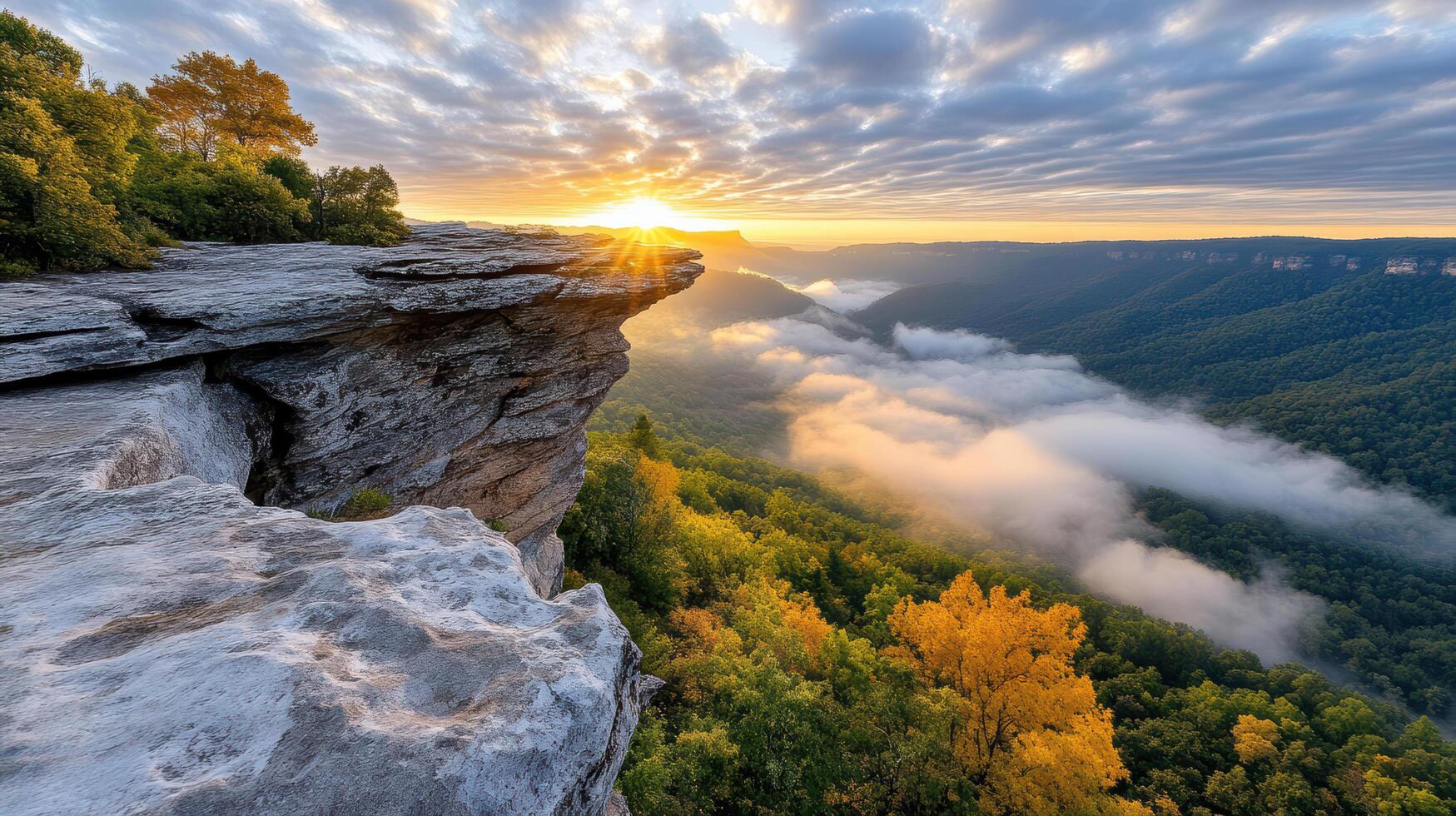 The sun rises over the clouds and fog at the edge of the blue ridge parkway in the photo