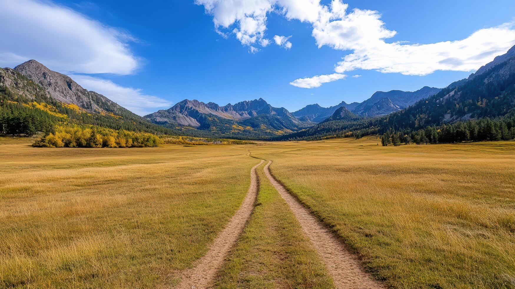 A dirt road leads to a mountain range in the fall photo