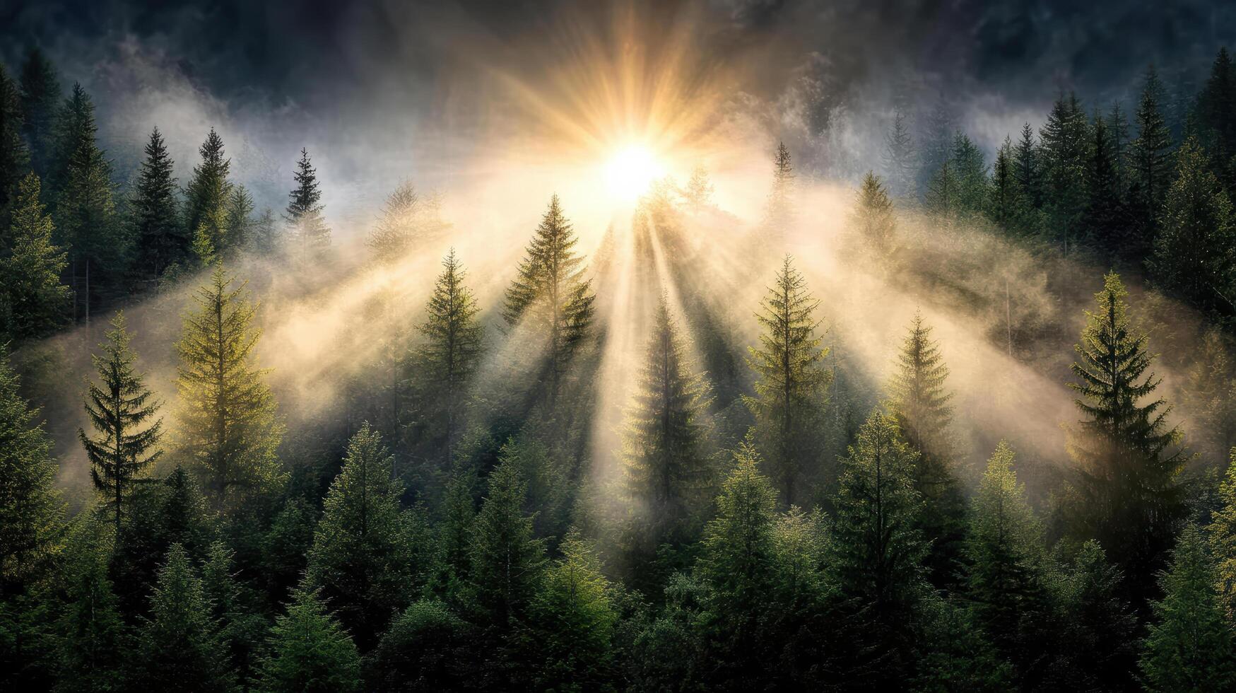 Sun shining through foggy forest with trees photo