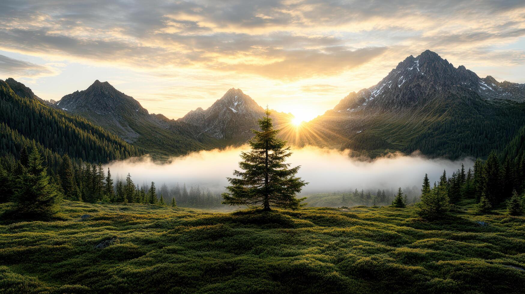 A tree stands in the middle of a field with the sun rising over the mountains photo