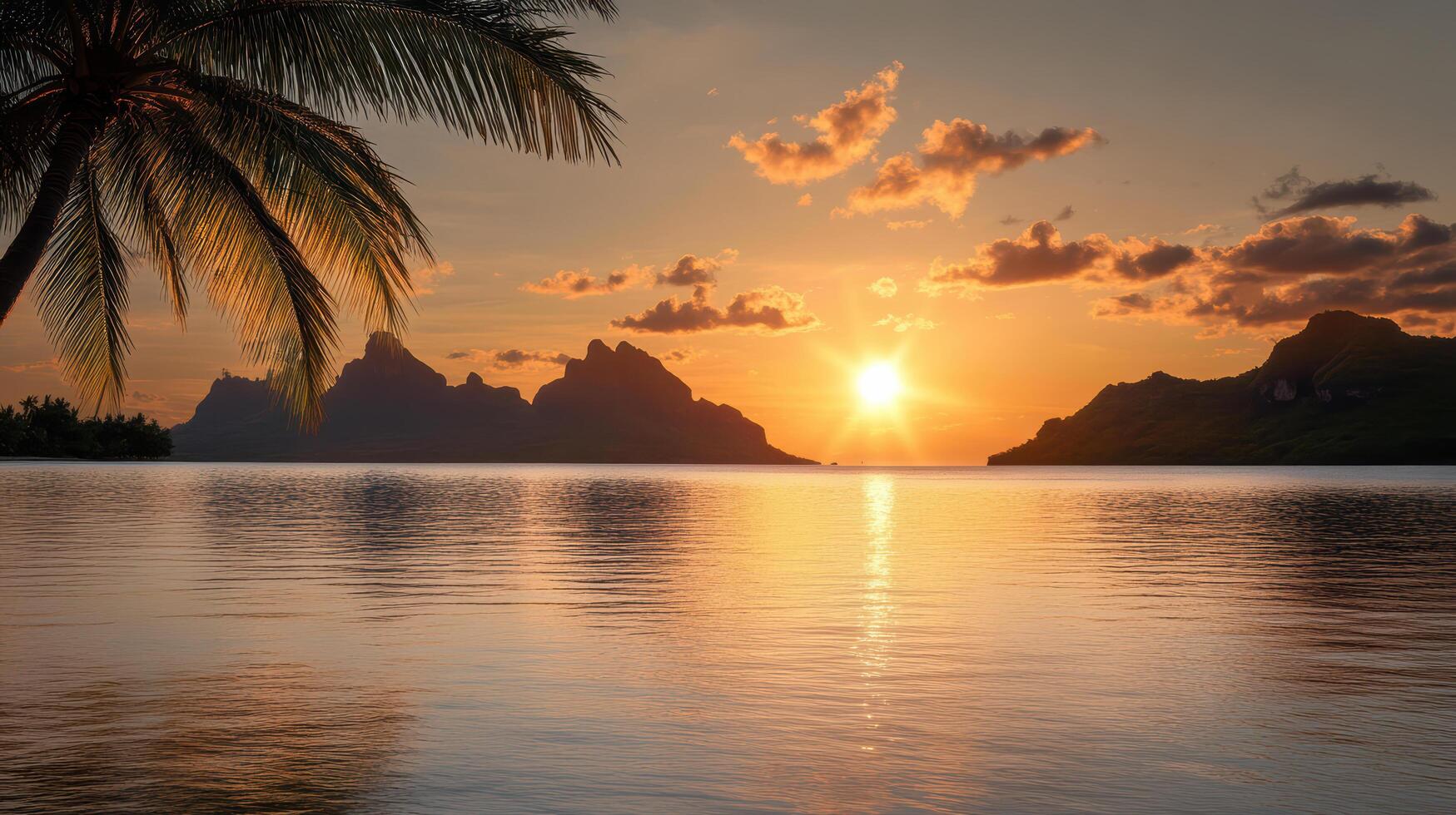 Sunset over the ocean with palm trees photo