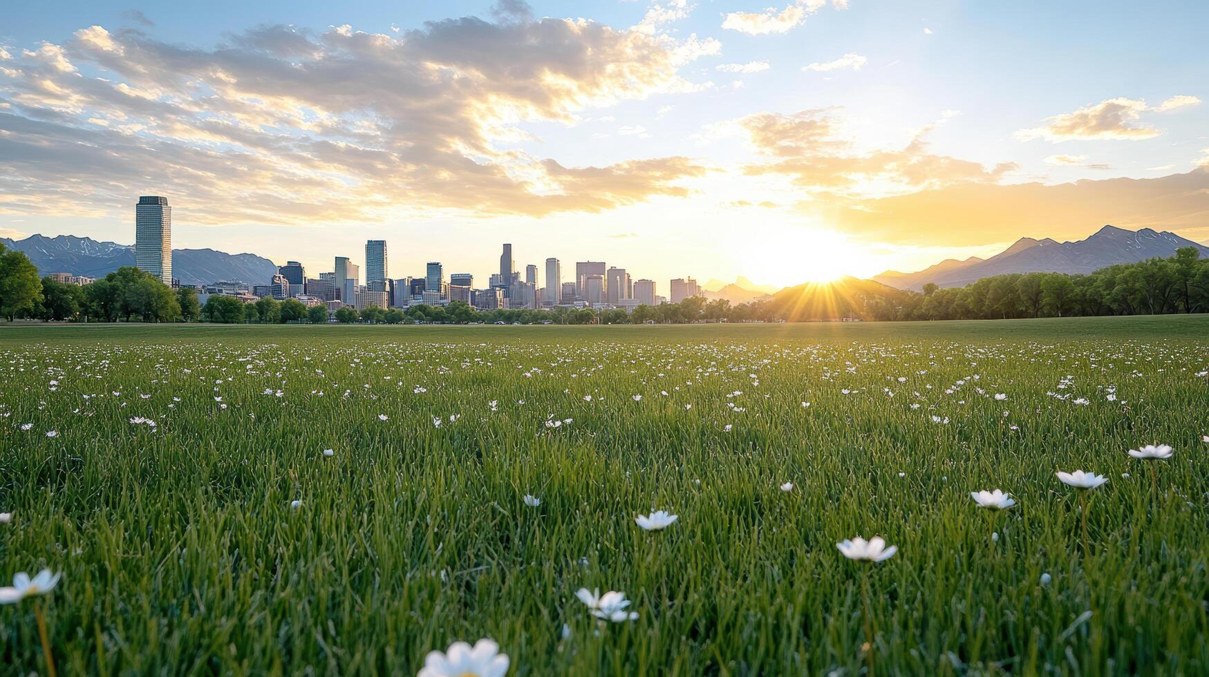 A field of white flowers in front of a city skyline photo