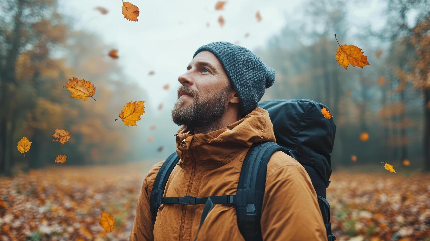 Man with backpack in autumn forest with leaves flying photo