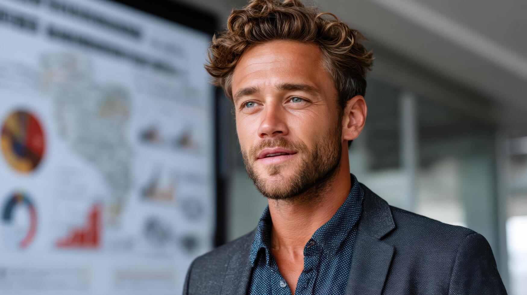 A man in a suit standing in front of a screen photo
