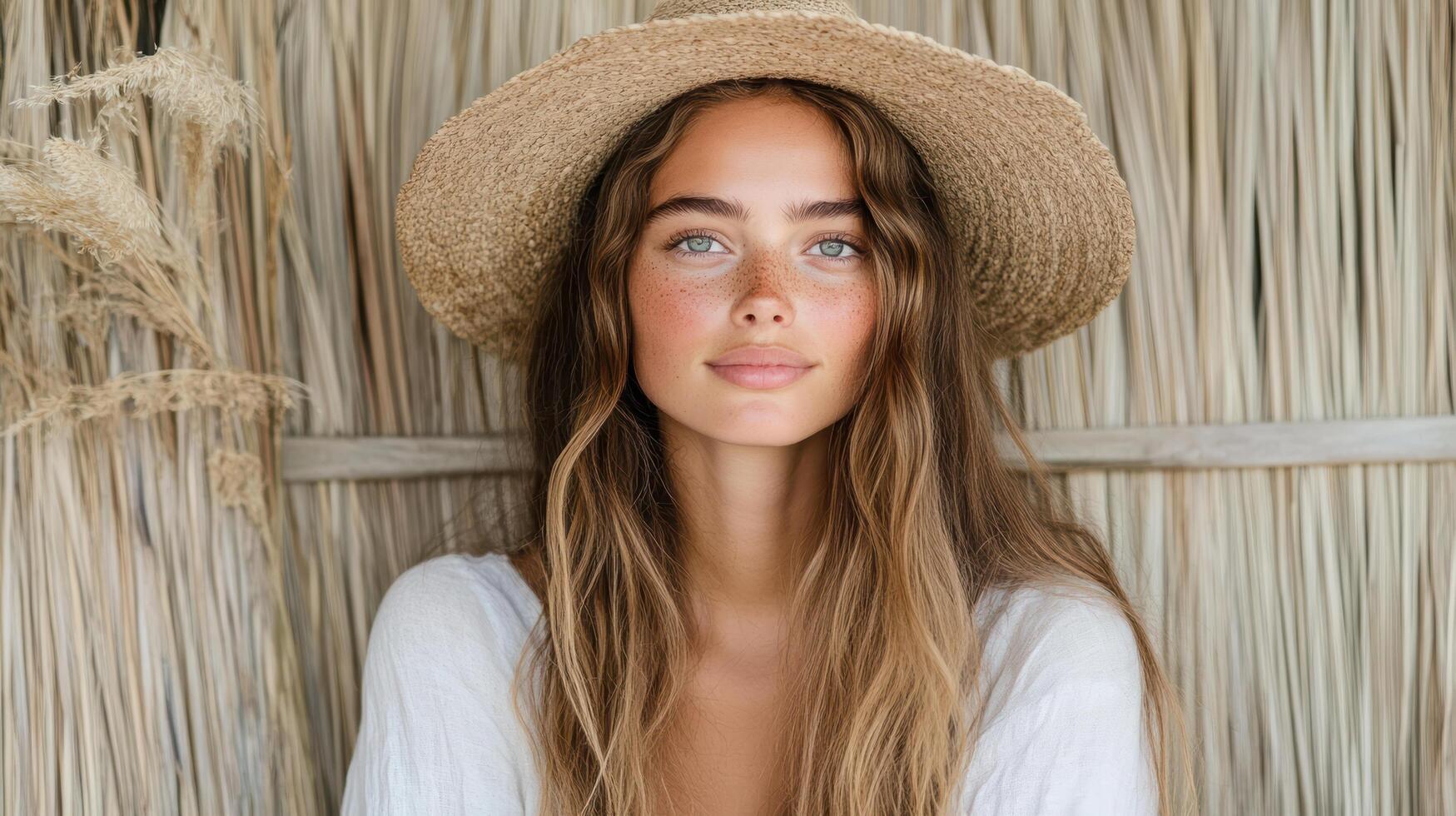 A woman wearing a straw hat and white shirt photo