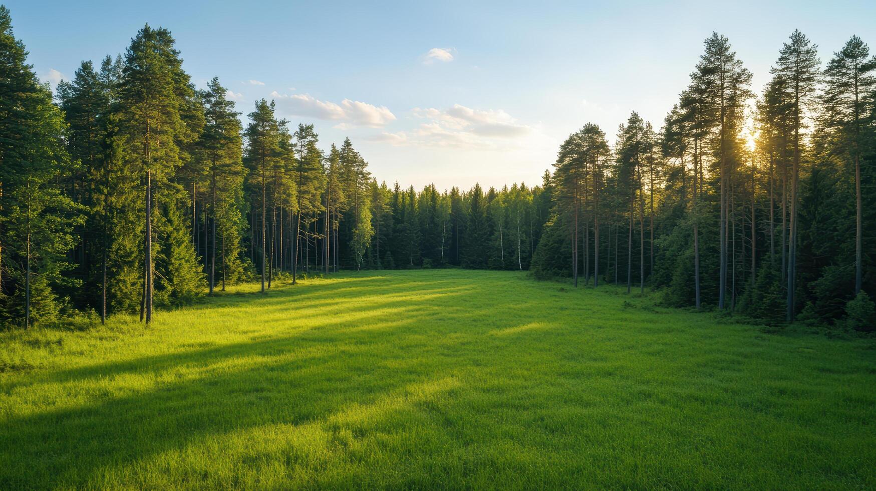 Green grass and trees in the forest at sunset photo