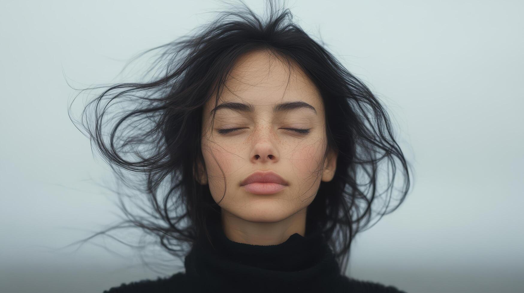 A woman with her eyes closed and hair blowing in the wind photo