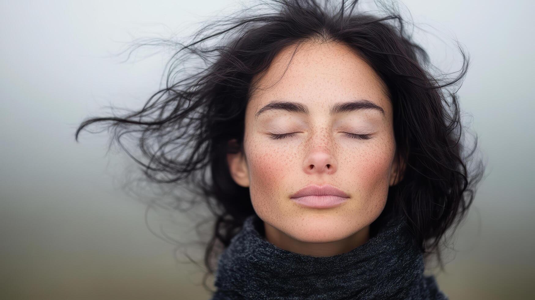 A woman with her eyes closed and her hair blowing in the wind photo