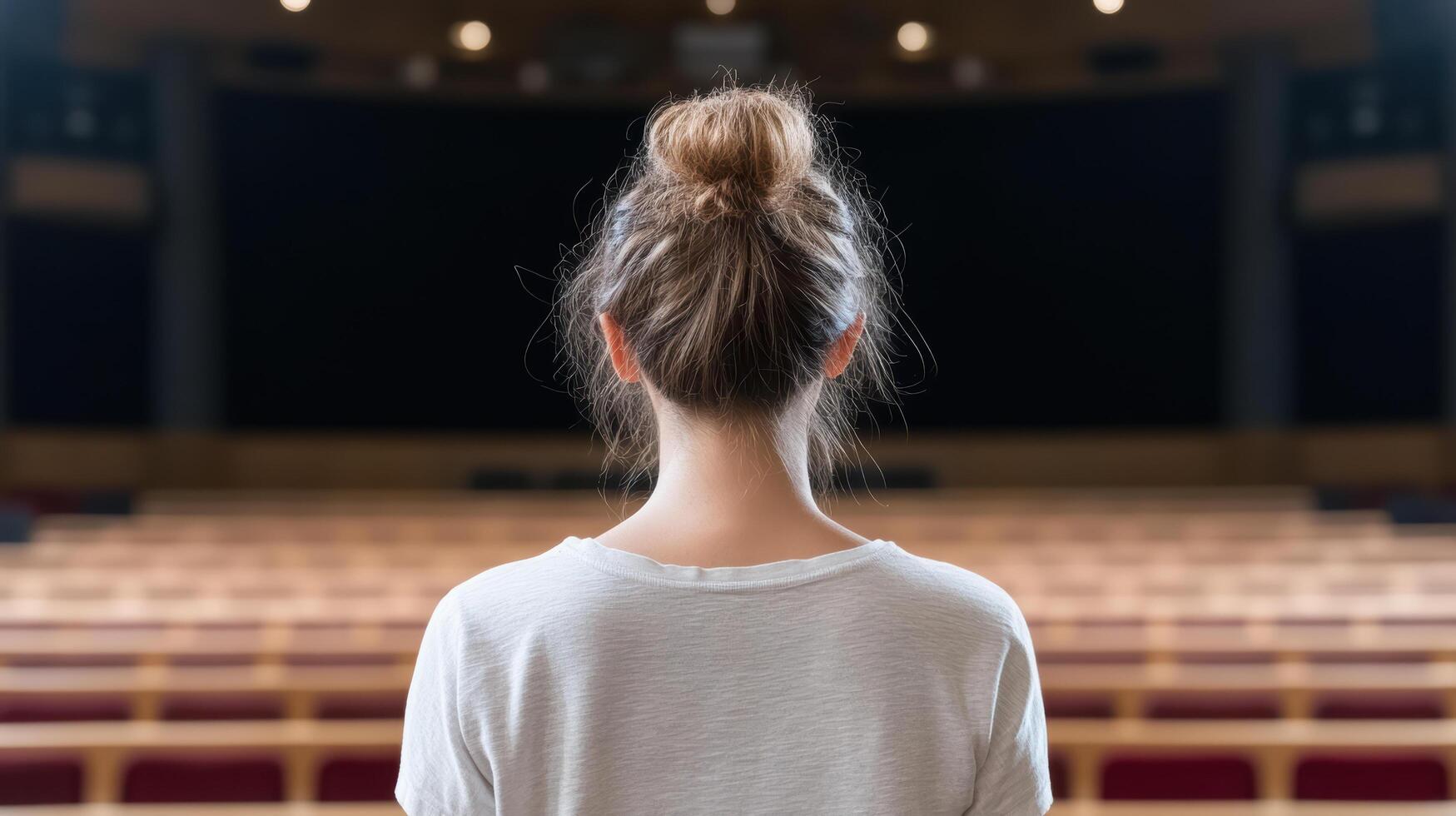 Back view of a young woman standing in front of empty auditorium photo