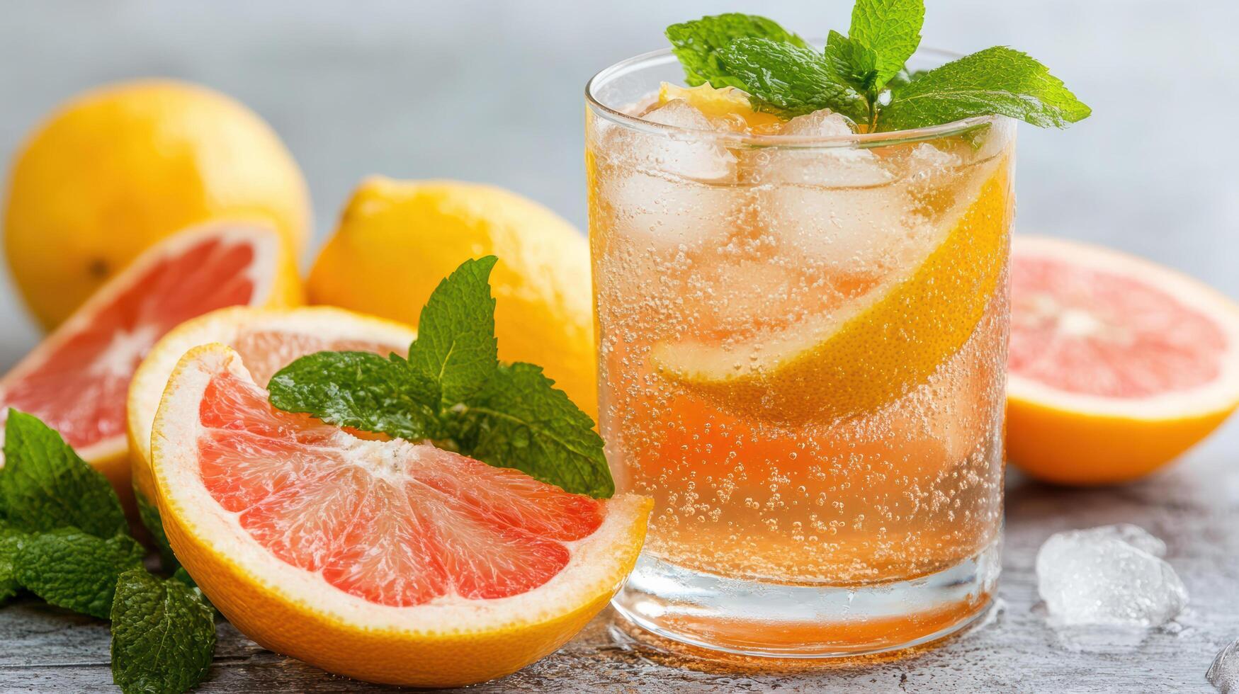 A glass of grapefruit juice with mint leaves photo