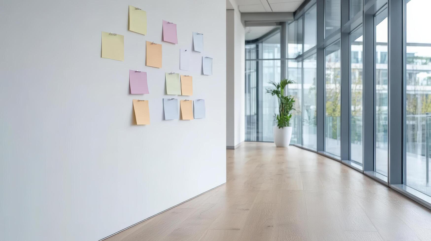 A hallway with a wall of sticky notes photo