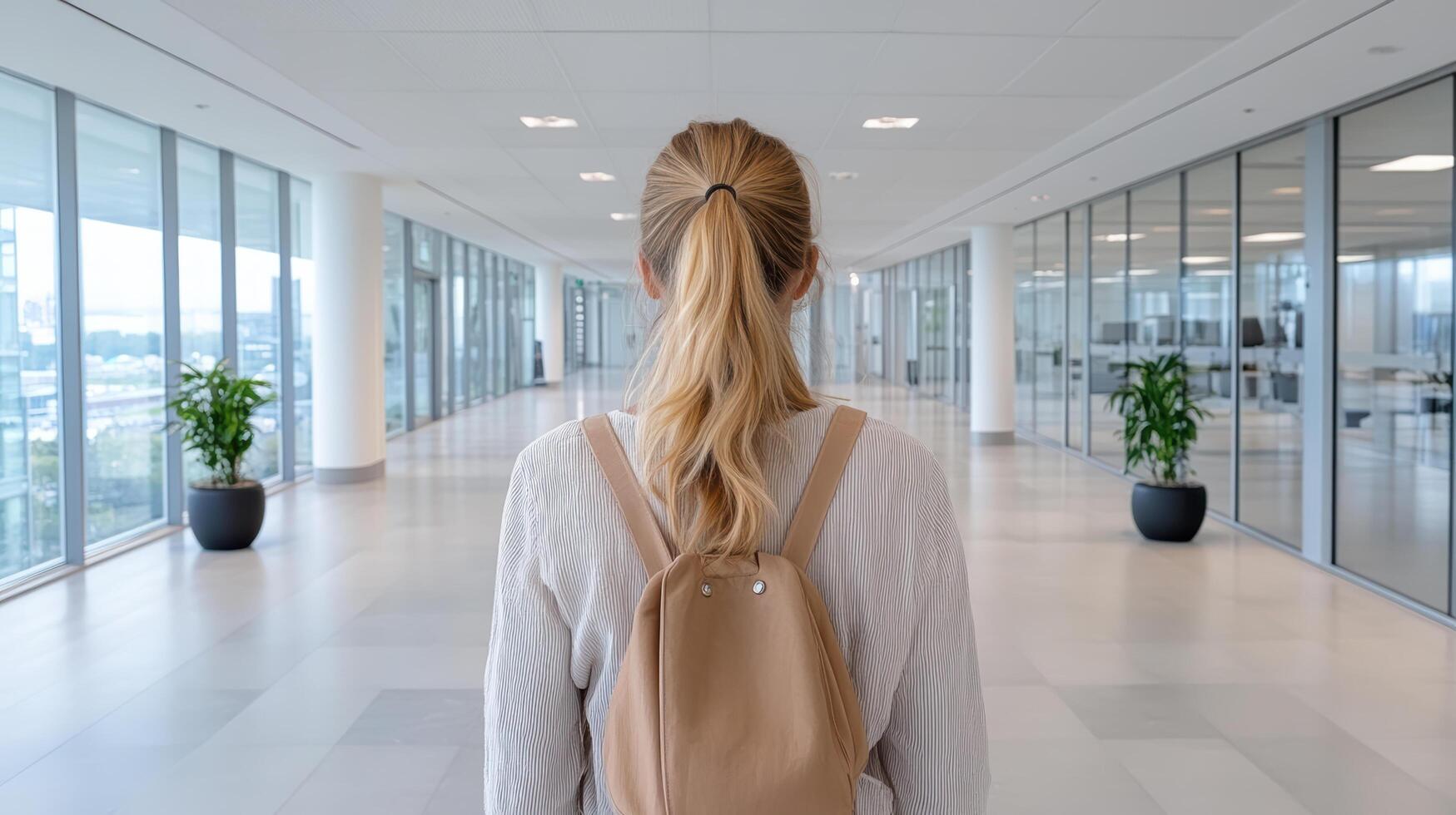 Back view of a young woman with a backpack walking in an office building photo