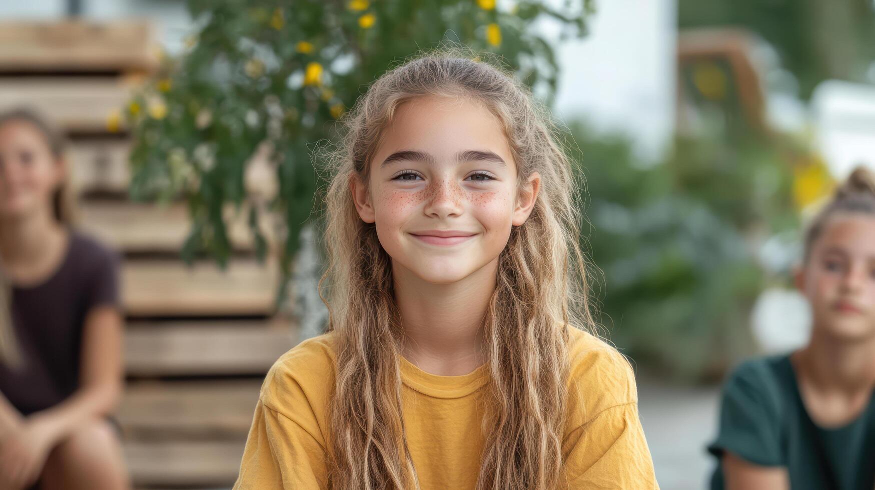 A girl with long hair sitting in front of other children photo