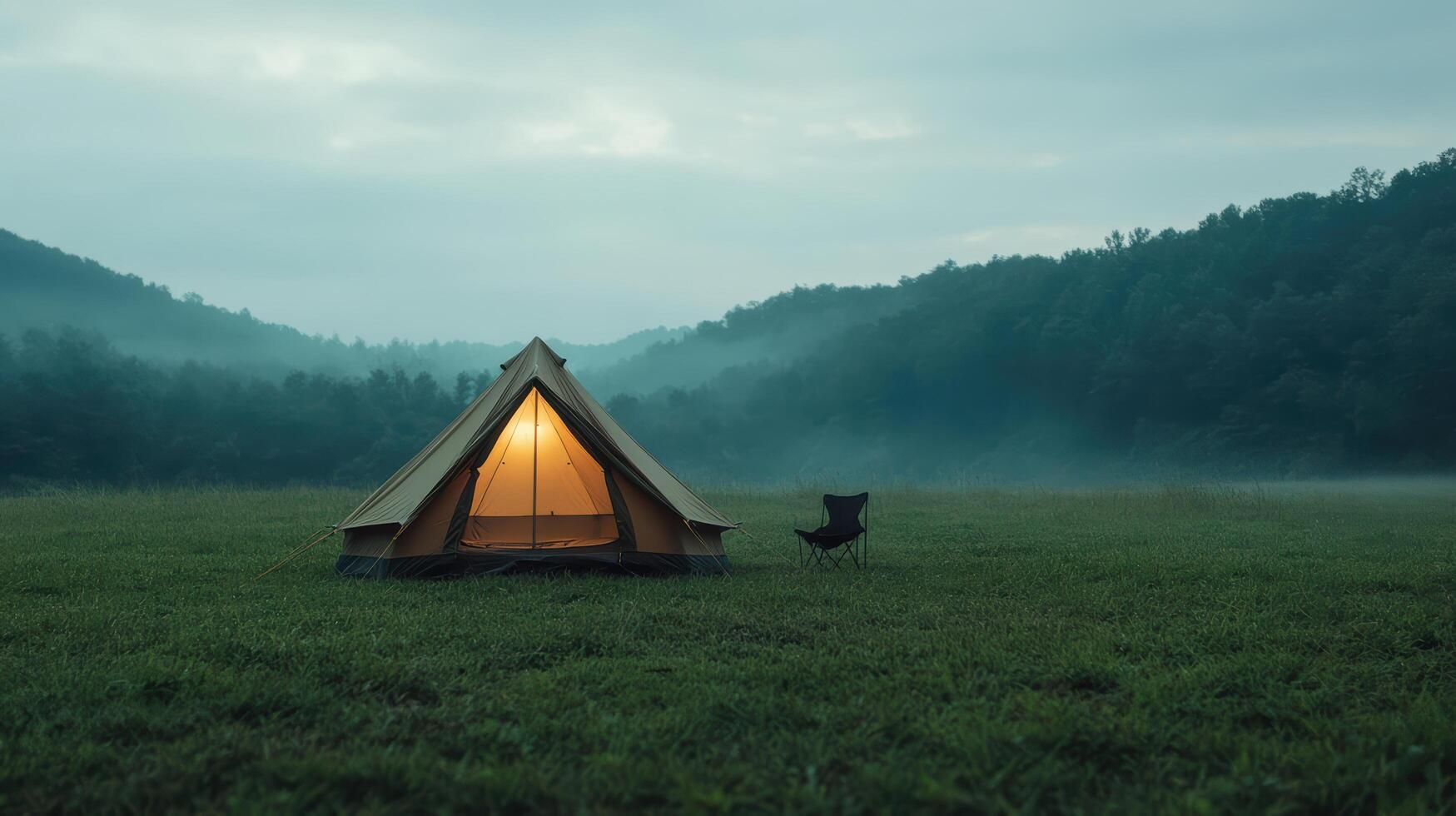 A tent in the middle of a field with a chair photo